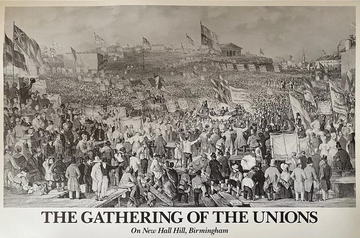 Engraving of the view of Newhall Hill during the meeting of the Unions, 1832