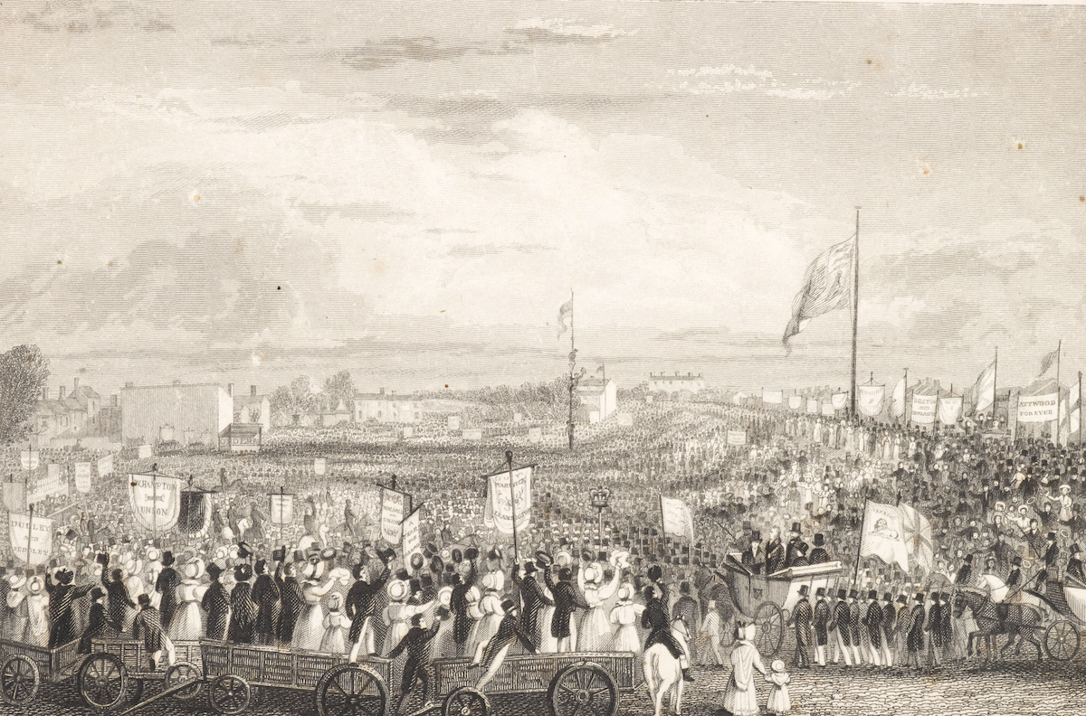 Engraving of the view of Newhall Hill during the meeting of the Unions, 1832