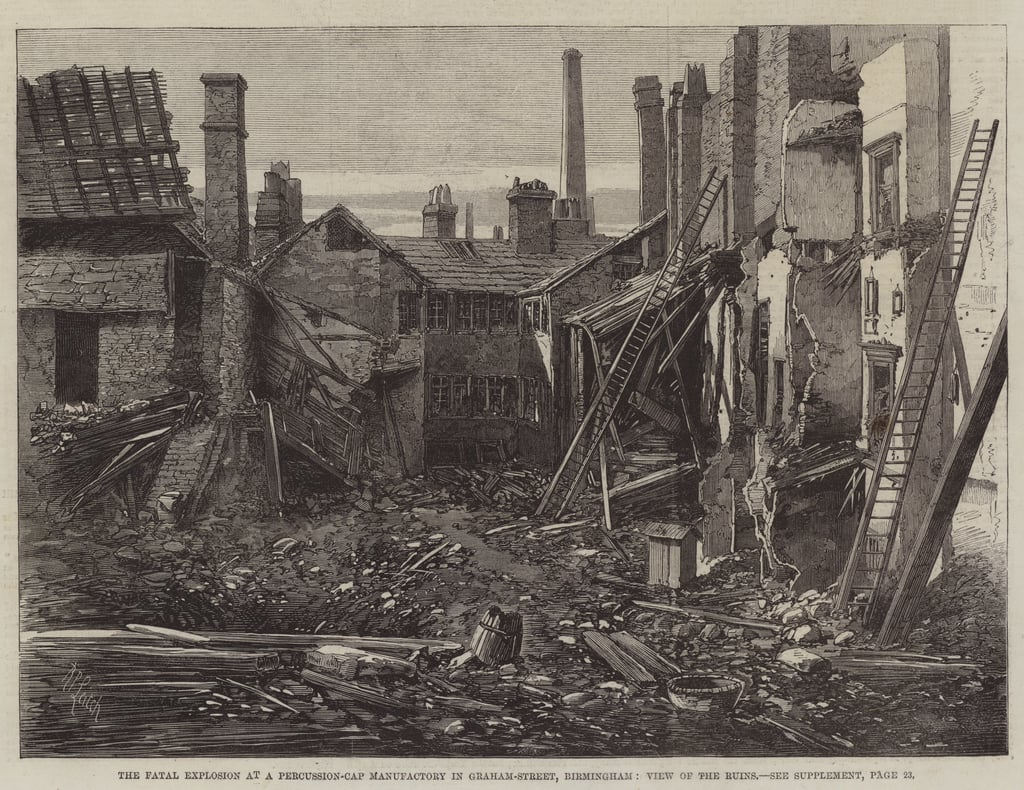 Engraving of the percussion cap factory explosion on Graham Street, Jewellery Quarter. London Illustrated News.