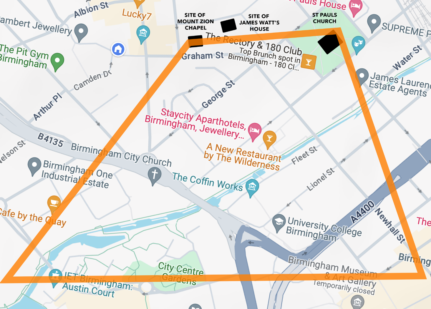 Map showing the possible area where JWM Turner made his sketch of St Paul's church and the Jewellery Quarter