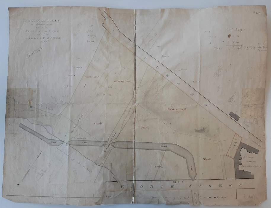 c1820 map of New Hall hill sandpit and Whitmore Arm canal